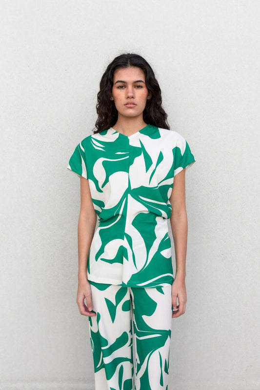 Blusa fruncida elegante para mujer con estampado verde, top fluido de cuello redondo y manga larga para oficina o casual