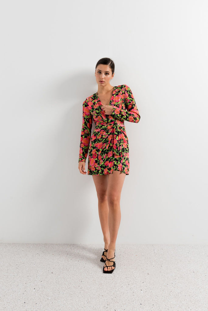 Vestido mini drapeado estampado con manga larga