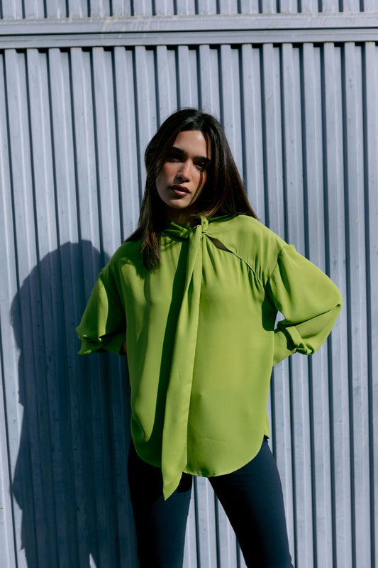 Camisa elegante con lazada en el cuello para mujer verde, blusa de manga larga satinada fluida de vestir oficina fiesta chic