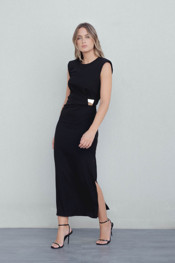 Vestido Midi Escote Pico y Aplique Dorado - Made in Spain