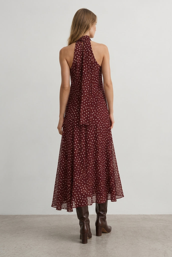 Vestido Corto Halter Estampado Lunares con Lazada Bajo Asimétrico y Forro Interior