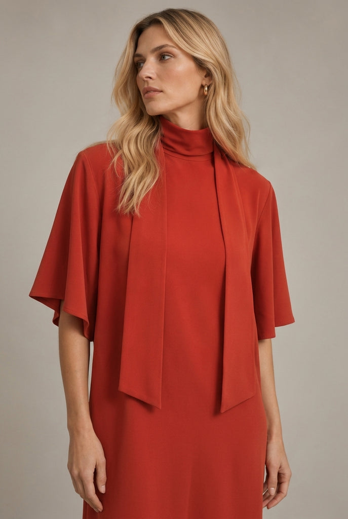Vestido Midi Fluido de Cuello Alto Manga Capa con Aberturas y Cierre Posterior de Lazada