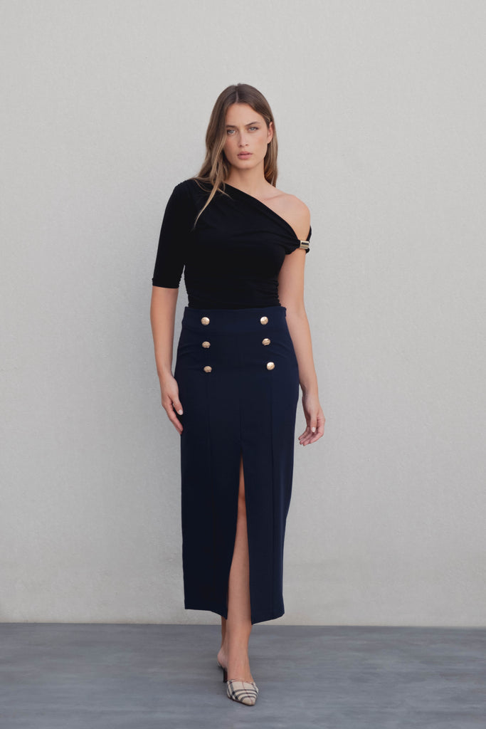 Falda Midi con Botones Dorados Decorativos