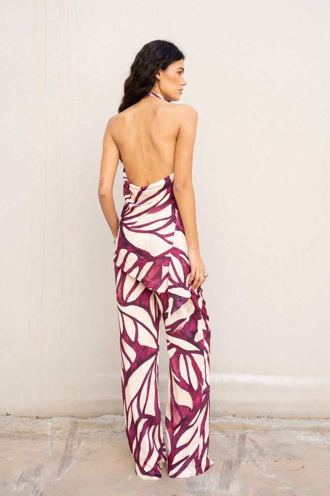 Top de cuello halter elegante para mujer color burdeos con estampado abstracto, cuerpo fluido sin mangas de fiesta o casual elevado
