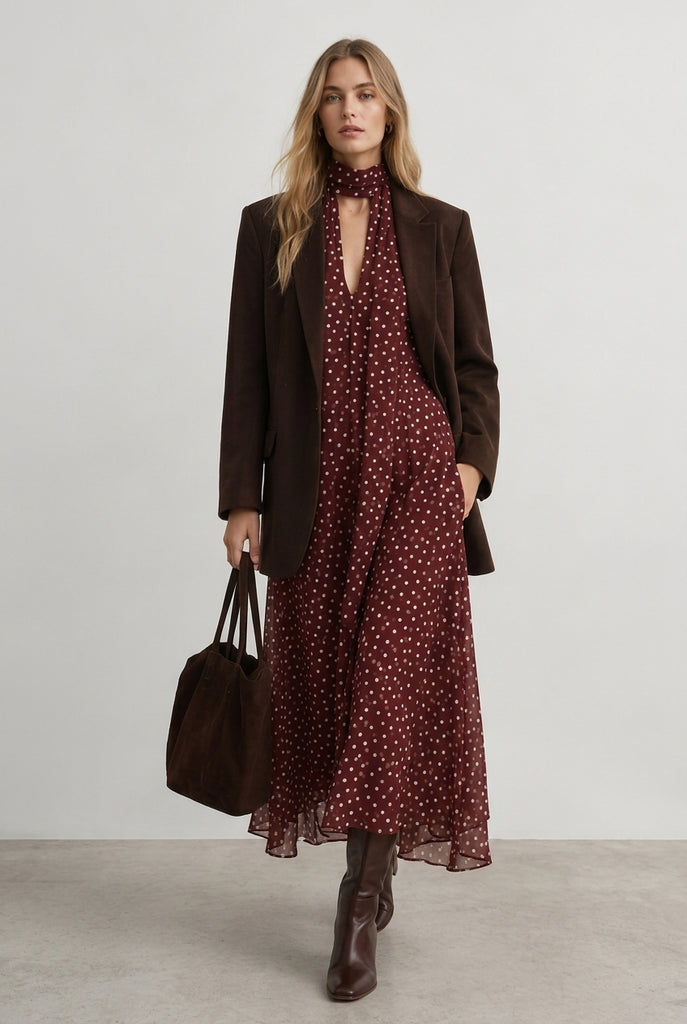 Vestido Corto Halter Estampado Lunares con Lazada Bajo Asimétrico y Forro Interior