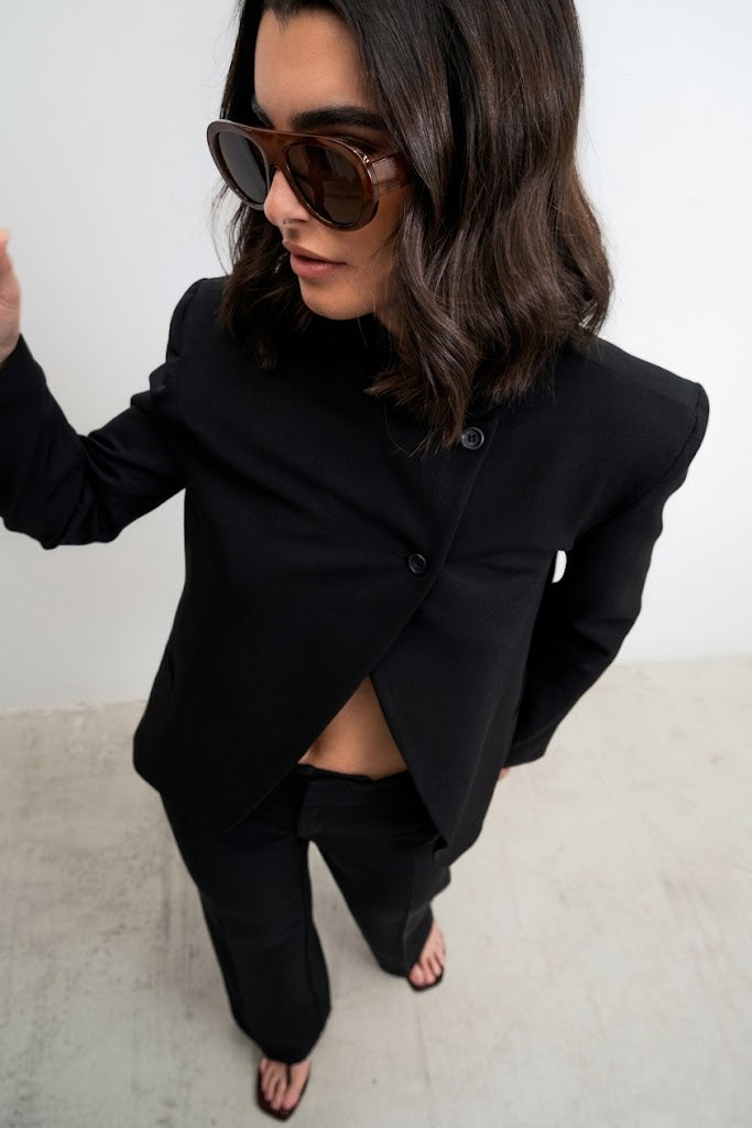 Blazer Elegante de Cuello Alto Manga Larga con Aberturas Botones y Forro Interior