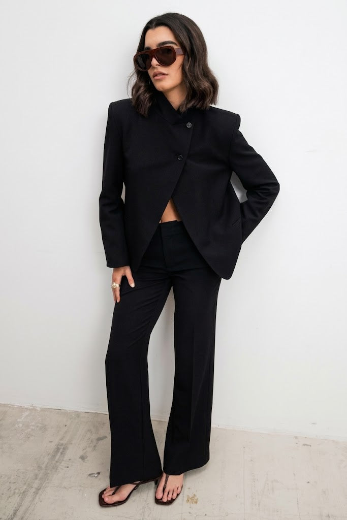 Blazer Elegante de Cuello Alto Manga Larga con Aberturas Botones y Forro Interior