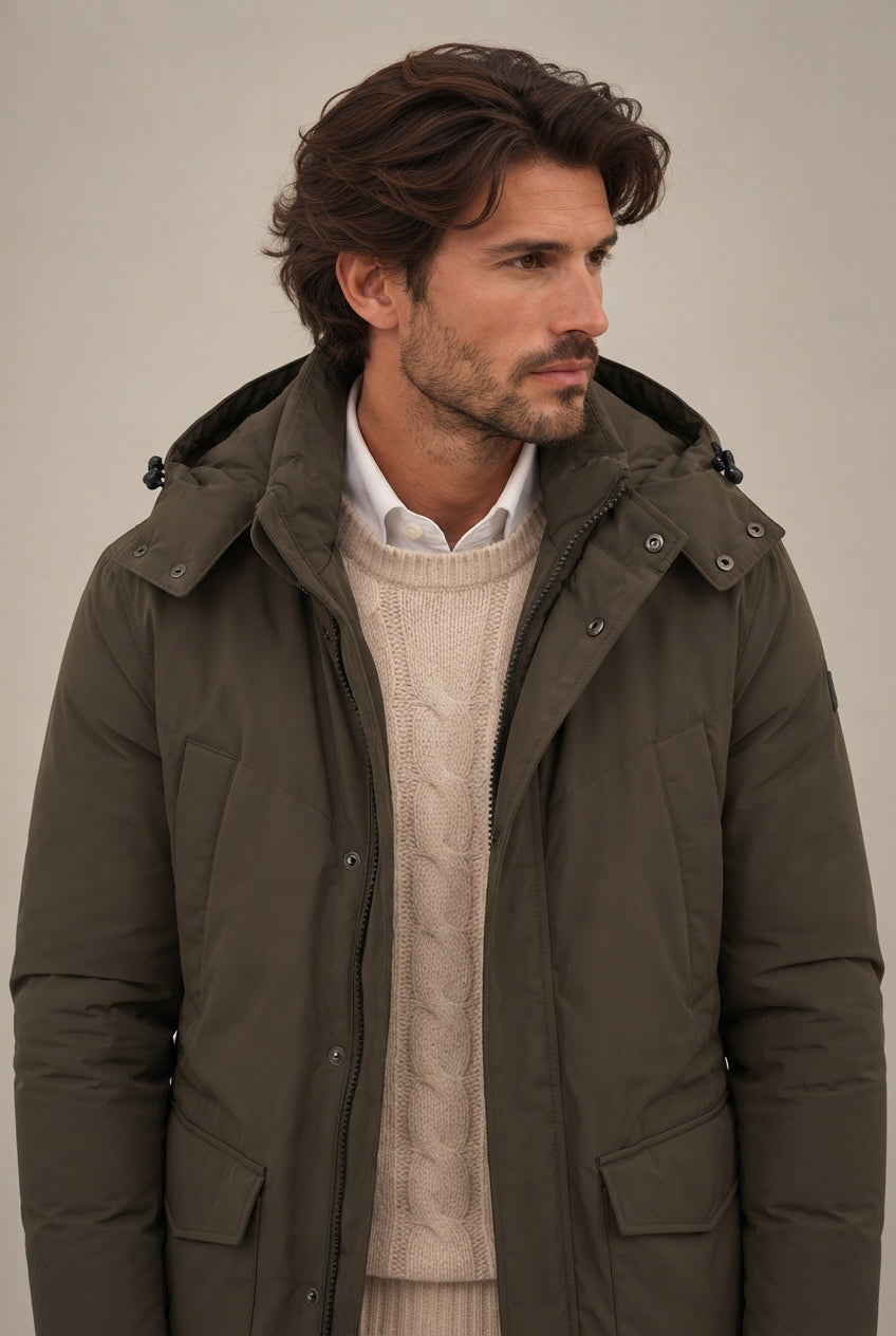 Parka Verde con Capucha Desmontable para Hombre