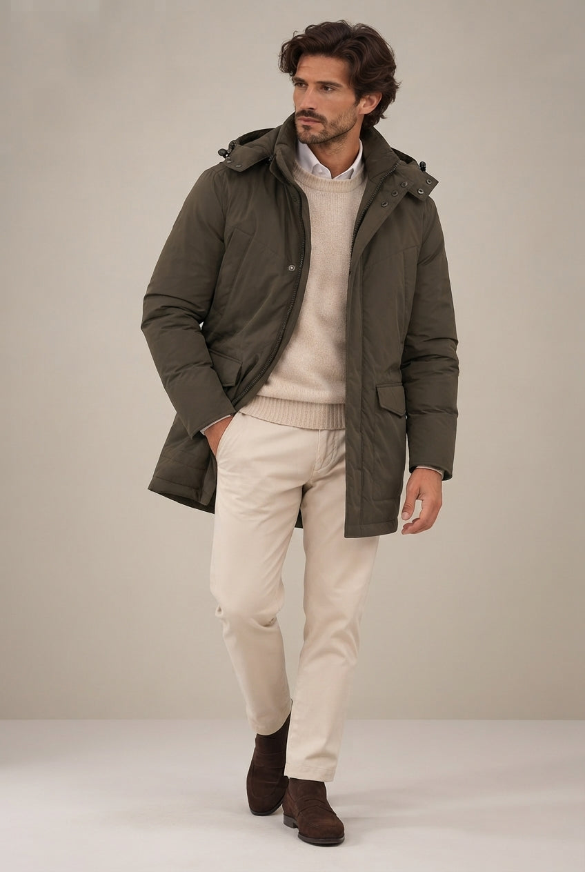 Parka Verde con Capucha Desmontable para Hombre