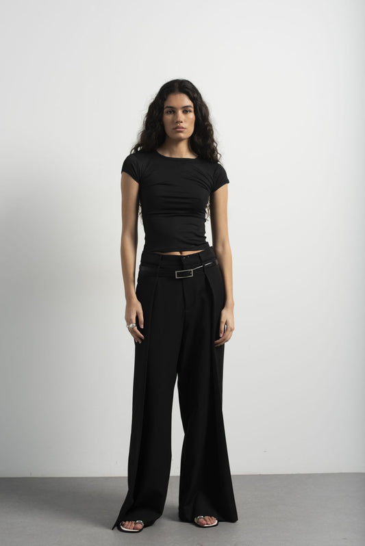 Pantalón pinzas de color negro, pantalones de vestir elegantes para mujer de Emarola & Co