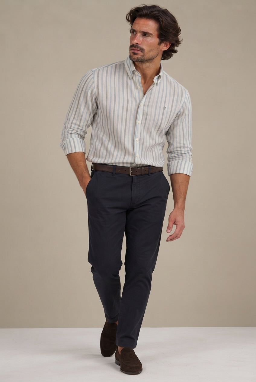 Camisa Oxford Hombre Raya Diplomática en Tono Verde