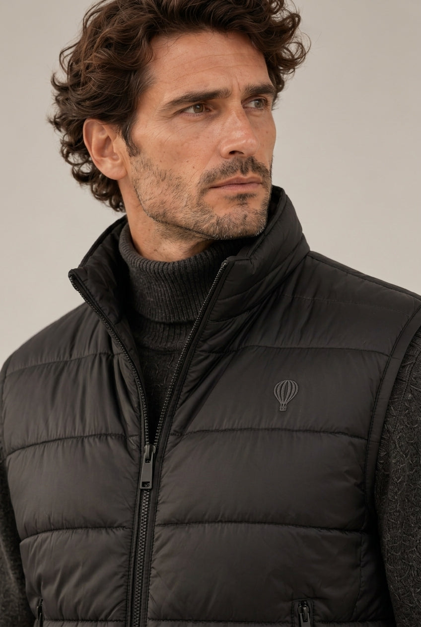 Chaleco Acolchado Negro con Cuello Alto para Hombre