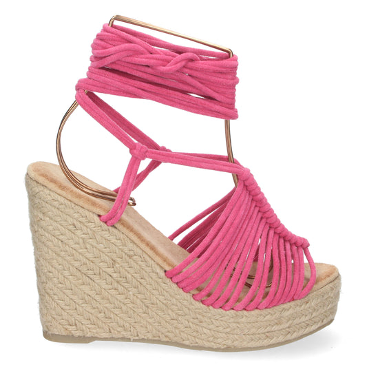 Sandalias con cordón fucsia, sandalia al tobillo color fucsia, sandalias con cuña, Sandalias planas de verano 2023 para mujer, sandalias de mujeres, descubre los cupones de Let's Secrets1A-1563-Fucsia