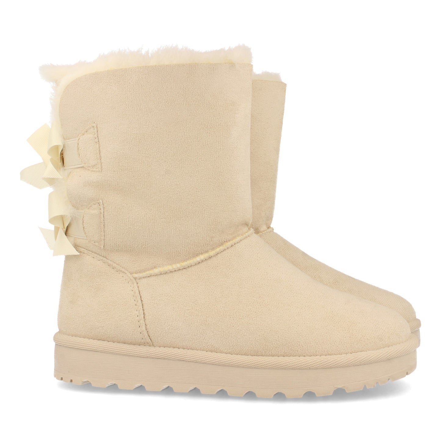 Botín Plano para Mujer Estilo Australiano Forrado de Pelo de Punta Redonda y con Lazos en el Contrafuerte como Detalle Otoño Invierno