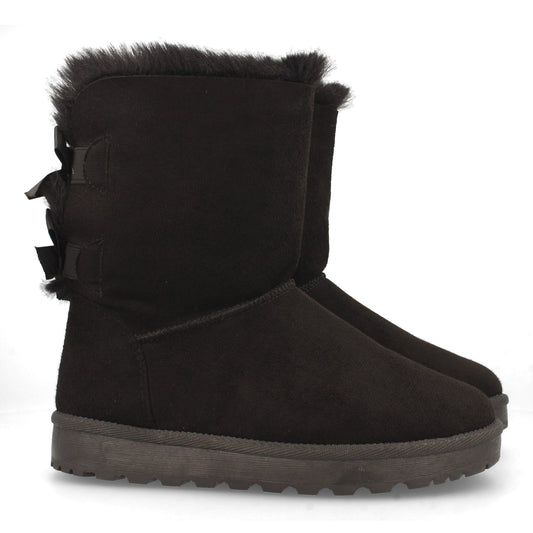 Botín Plano para Mujer Estilo Australiano Forrado de Pelo de Punta Redonda y con Lazos en el Contrafuerte como Detalle Otoño Invierno