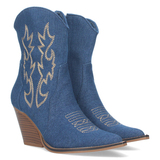 Botín Campera con Tacón Comodas Diseño con Bordado en Caña y Empeine y Cierre de Cremallera color Jeans