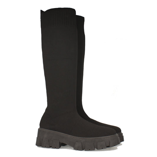 Bota de Mujer con Plataforma Suela Dentada Material Elástico y Cierre de Ajuste Otoño Invierno