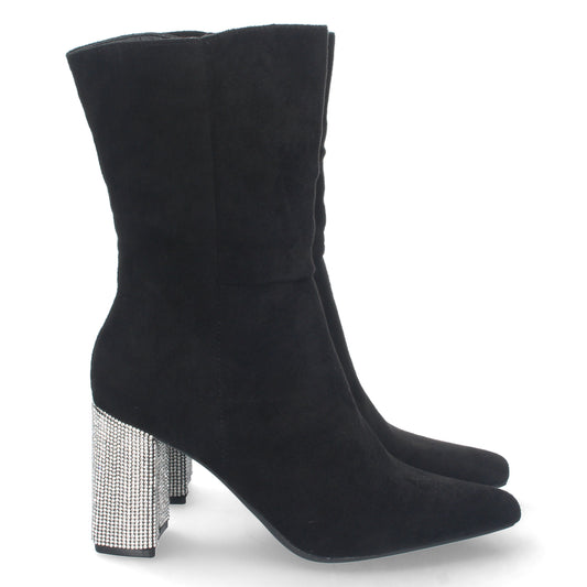 Botín para Mujer de Tacón Decorado con Strass de Punta Fina y Cierre de Cremallera Otoño Invierno