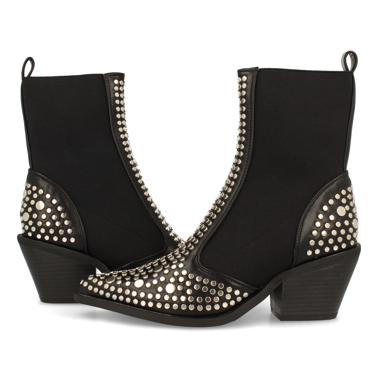 Botín de Mujer con Tacón y Elástico en el Tobillo de Punta Fina Adornado con Tachuelas Metálicas Otoño Invierno