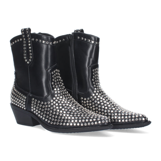 Botín de Mujer con Tacón de Punta Fina Adornado con Tachuelas Metálicas