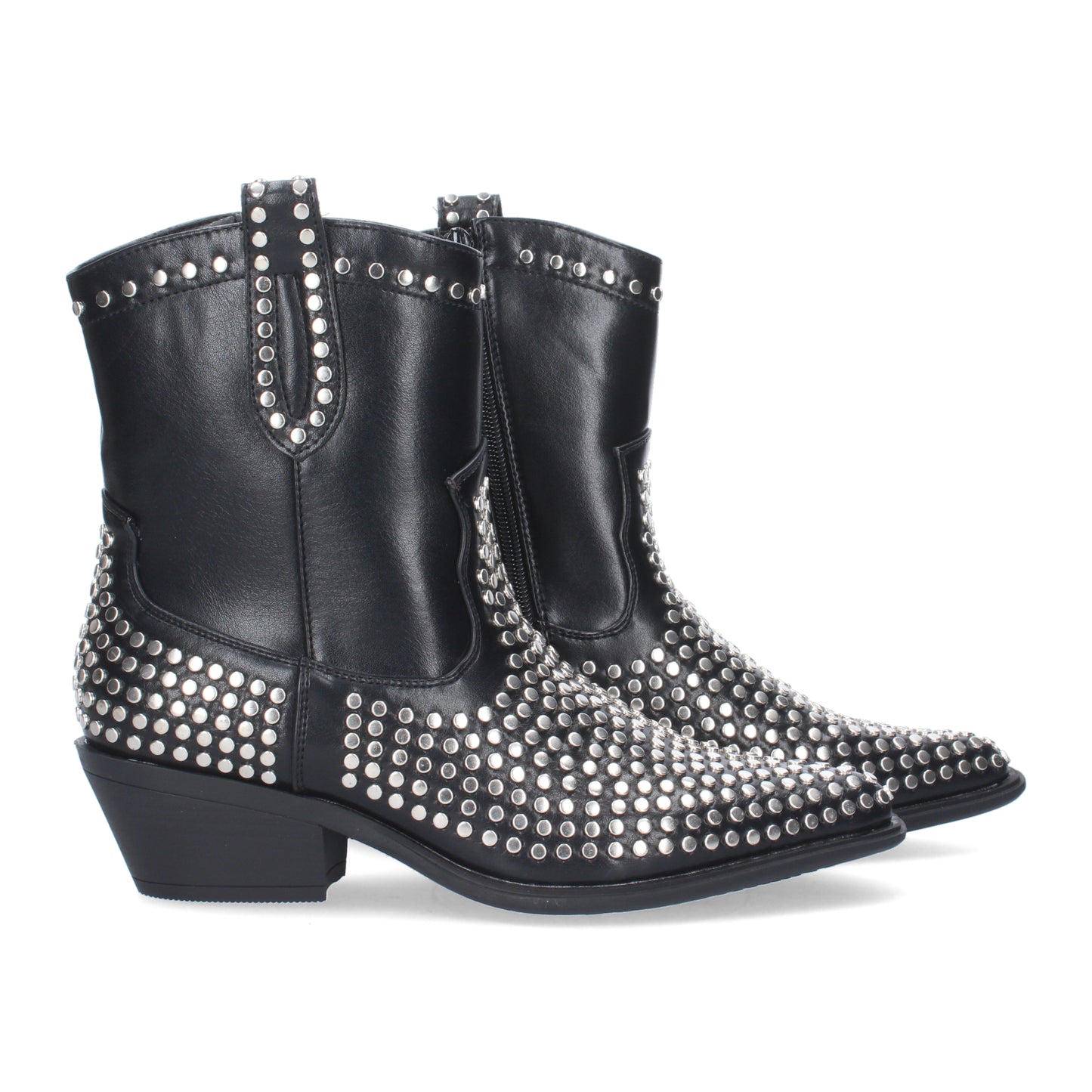 Botín de Mujer con Tacón de Punta Fina Adornado con Tachuelas Metálicas