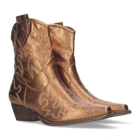 Botín de tacón bajo cómodo para mujer con bordado en caña y pala y cierre de cremallera