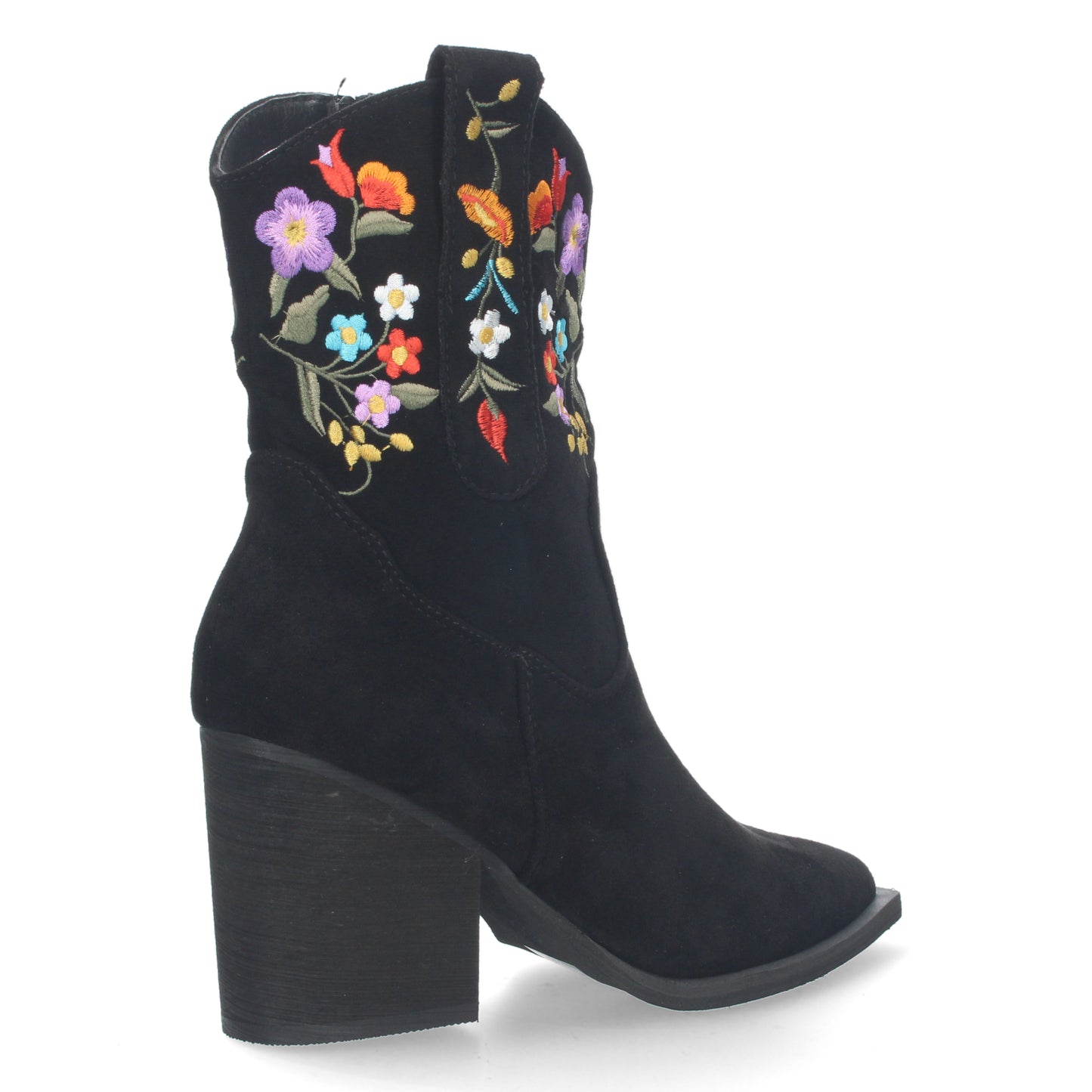 Botín de tacón cómodo para mujer con estampado de flores en la caña y cierre de cremallera