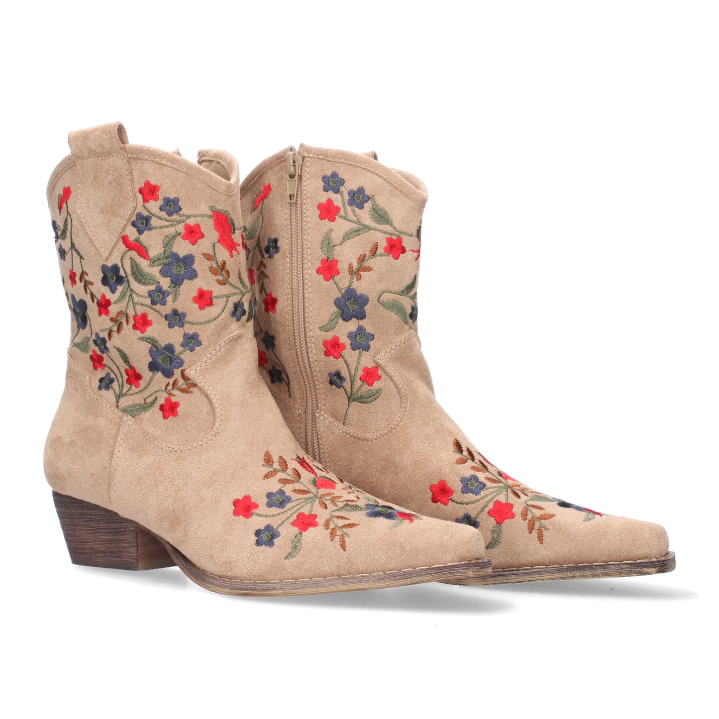 Botín de tacón cómodo para mujer con estampado de flores en la caña y en la pala