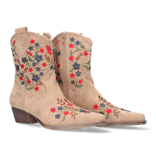 Botín de tacón cómodo para mujer con estampado de flores en la caña y en la pala