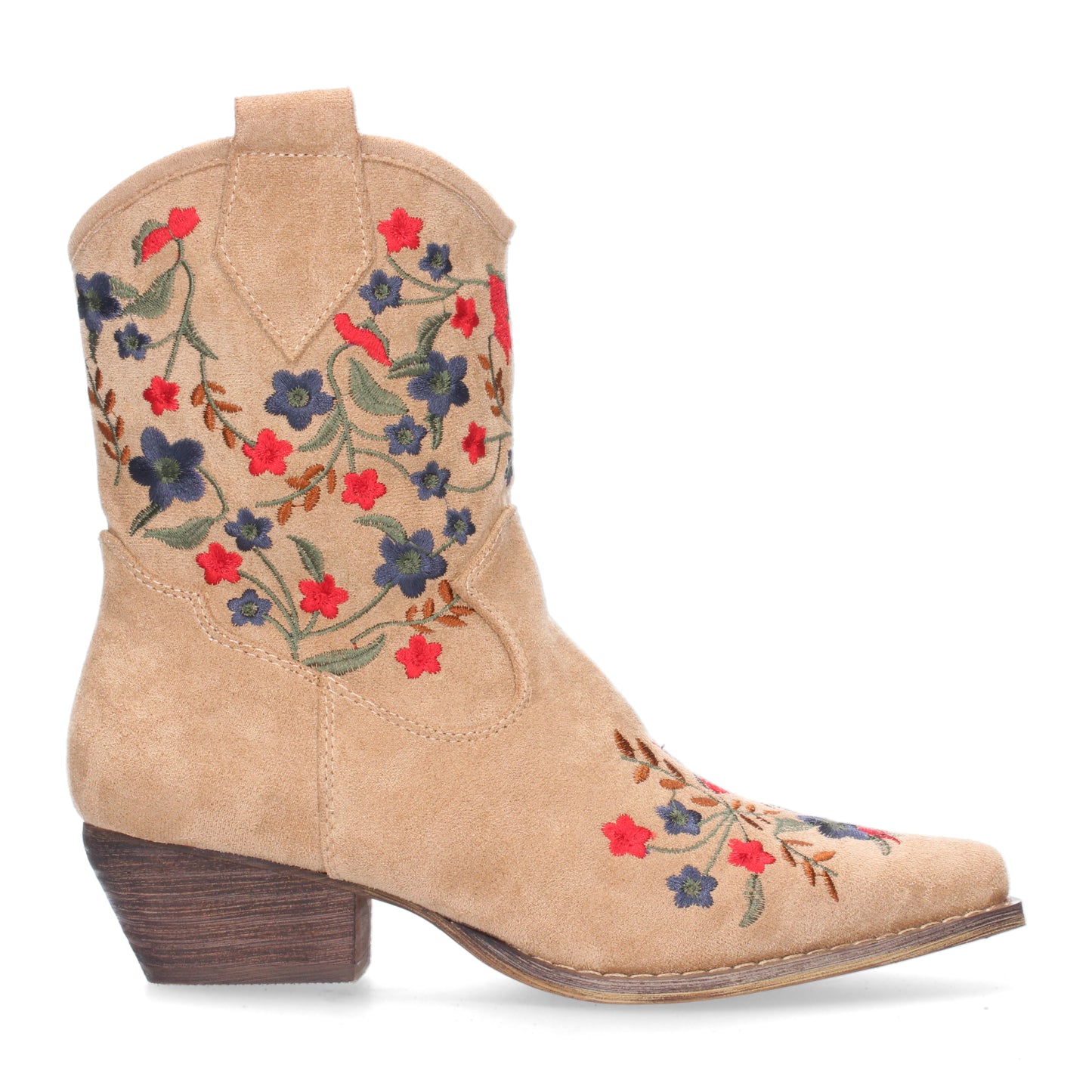 Botín de tacón cómodo para mujer con estampado de flores en la caña y en la pala