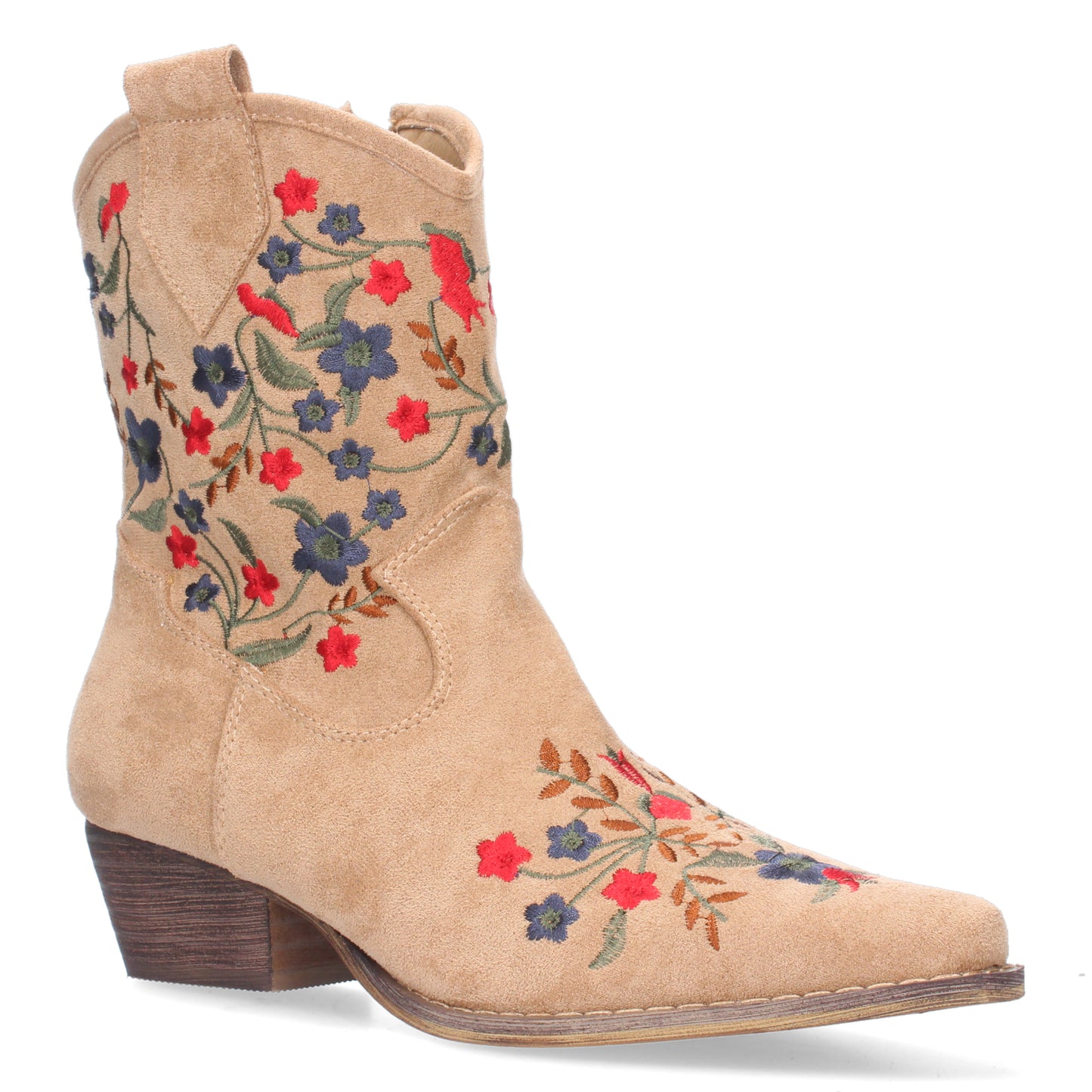 Botín de tacón cómodo para mujer con estampado de flores en la caña y en la pala