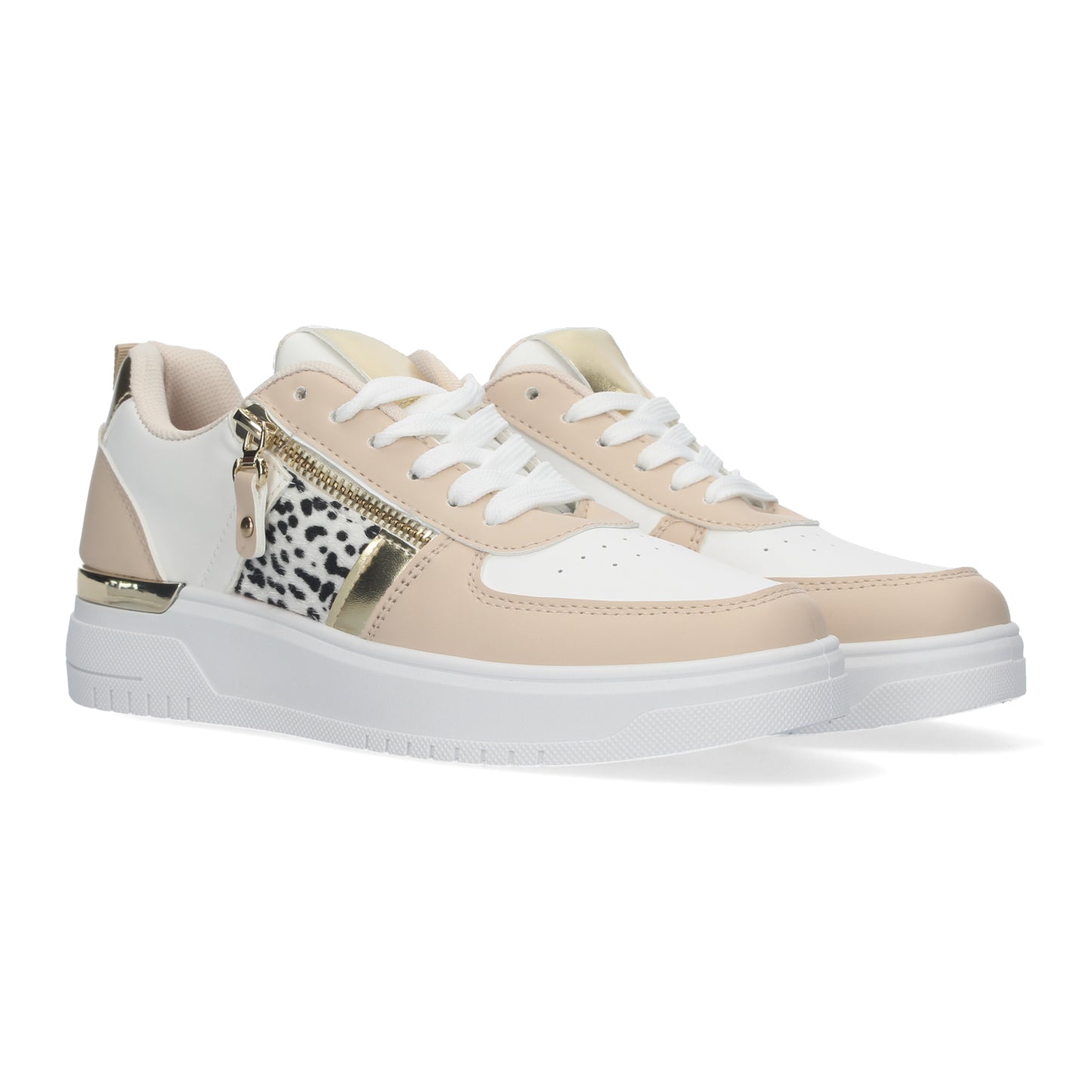 Zapatillas de mujer cómodas de color blanco con detalles de animal print y dorado y adorno de cremallera dorada