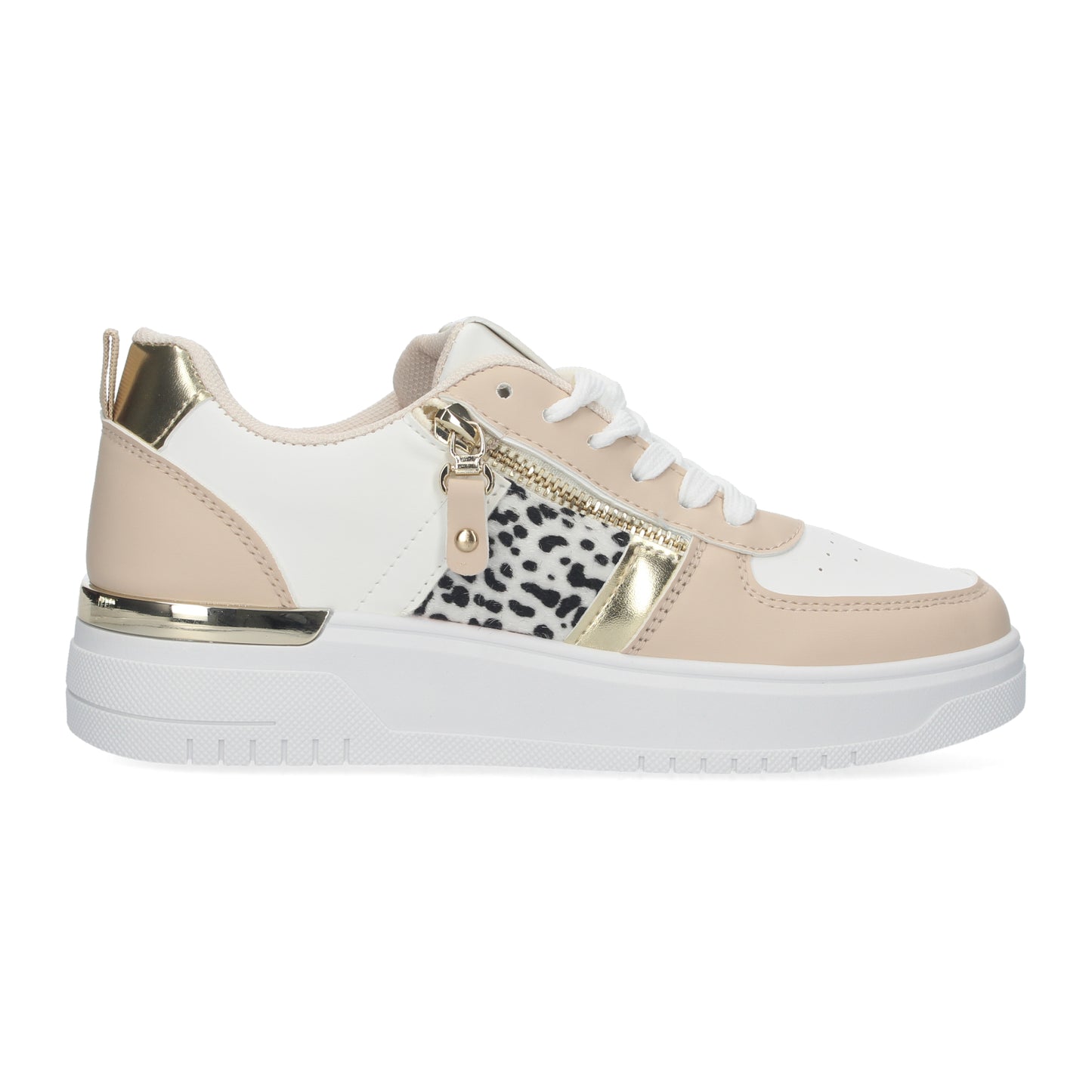 Zapatillas de mujer cómodas de color blanco con detalles de animal print y dorado y adorno de cremallera dorada