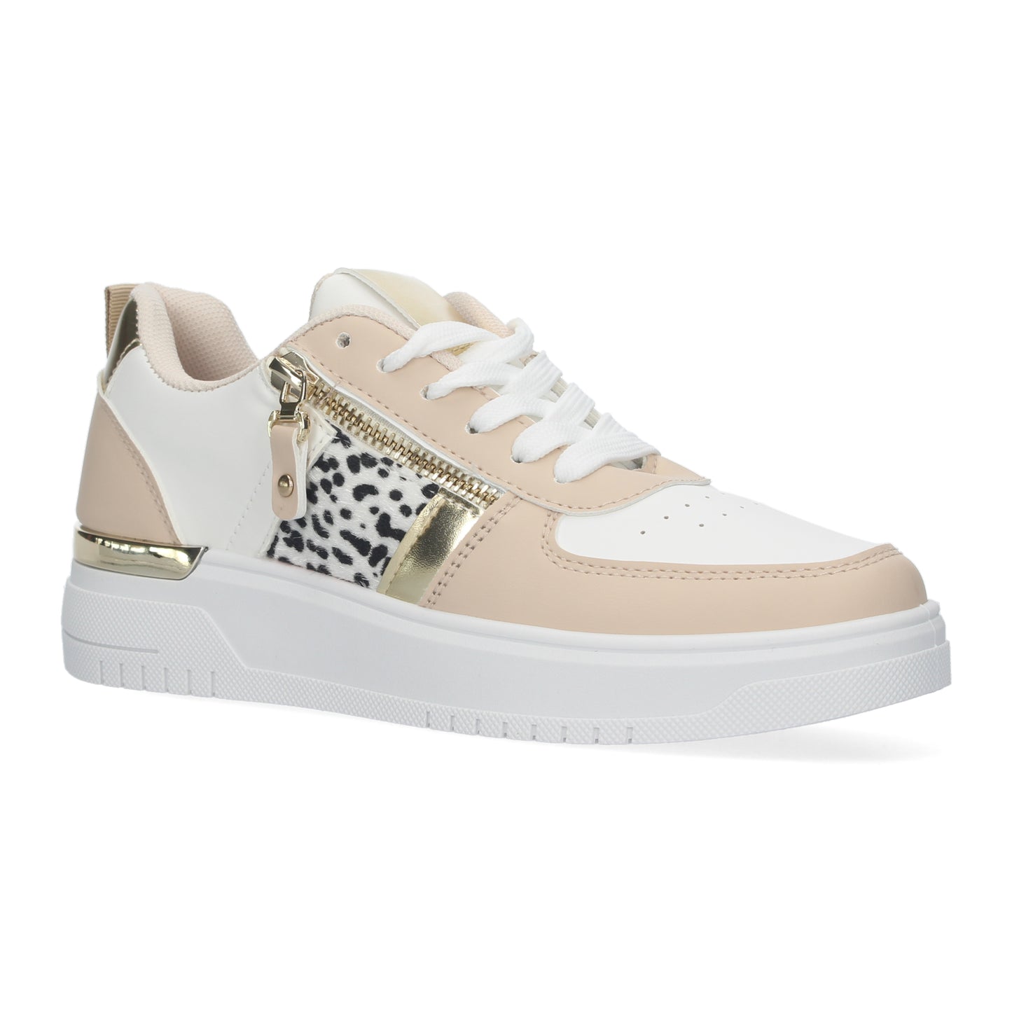 Zapatillas de mujer cómodas de color blanco con detalles de animal print y dorado y adorno de cremallera dorada