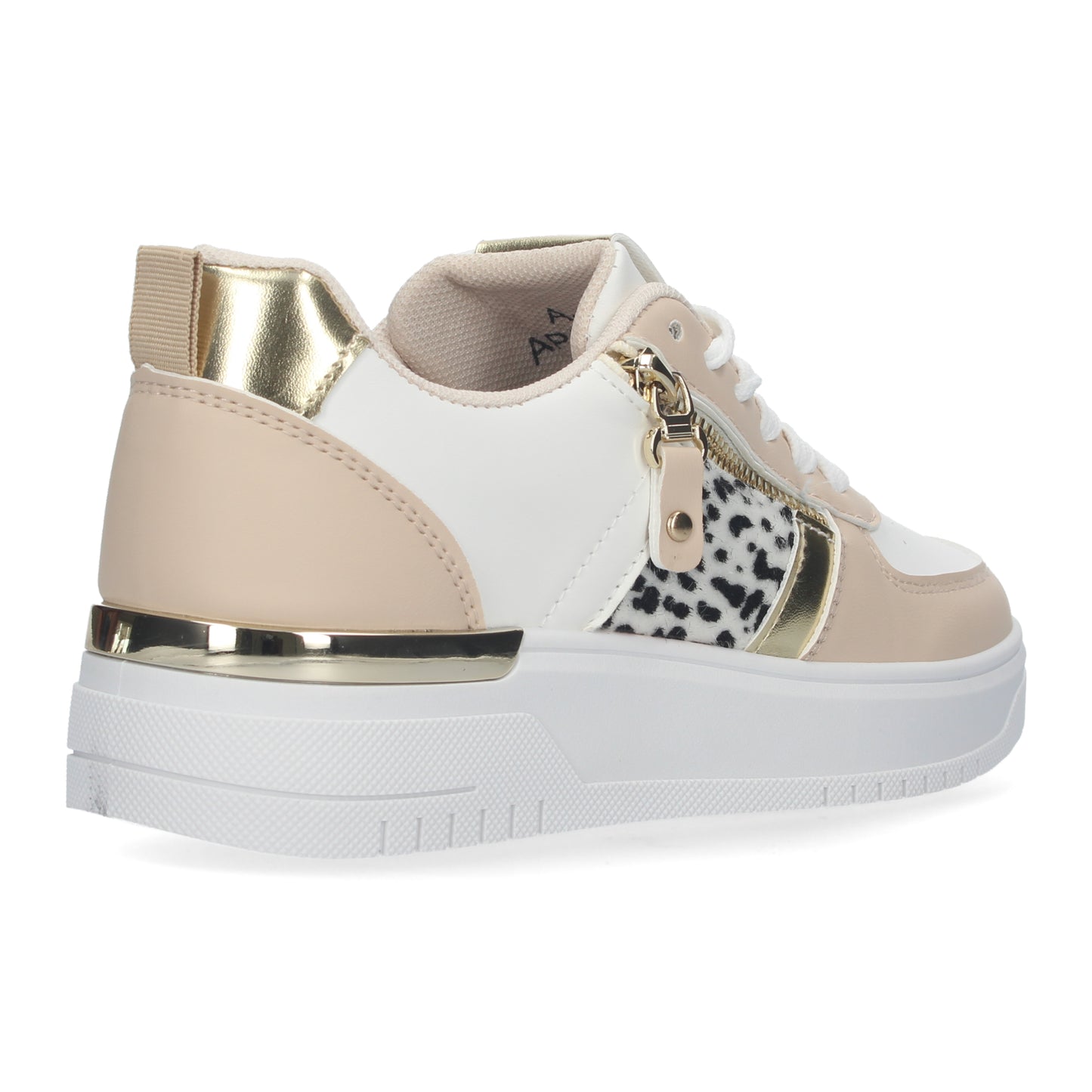 Zapatillas de mujer cómodas de color blanco con detalles de animal print y dorado y adorno de cremallera dorada