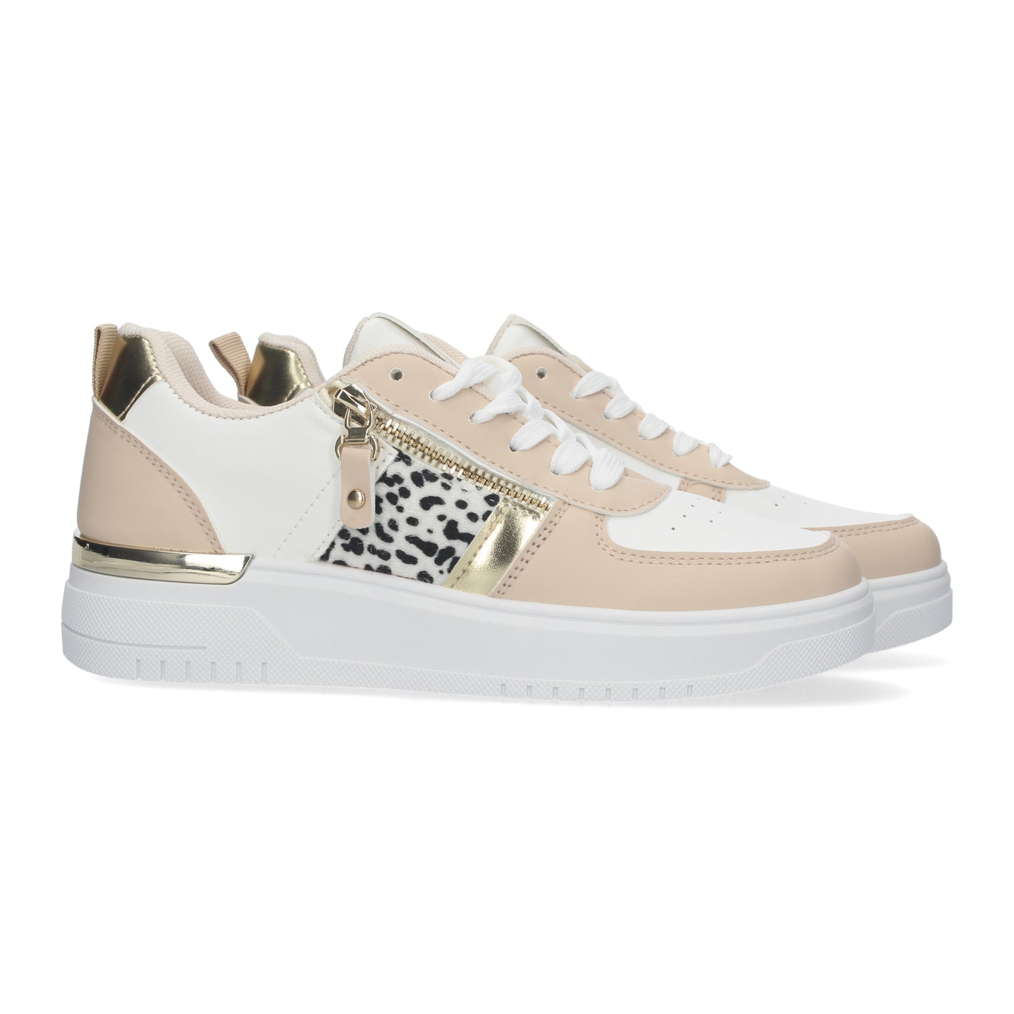 Zapatillas de mujer cómodas de color blanco con detalles de animal print y dorado y adorno de cremallera dorada