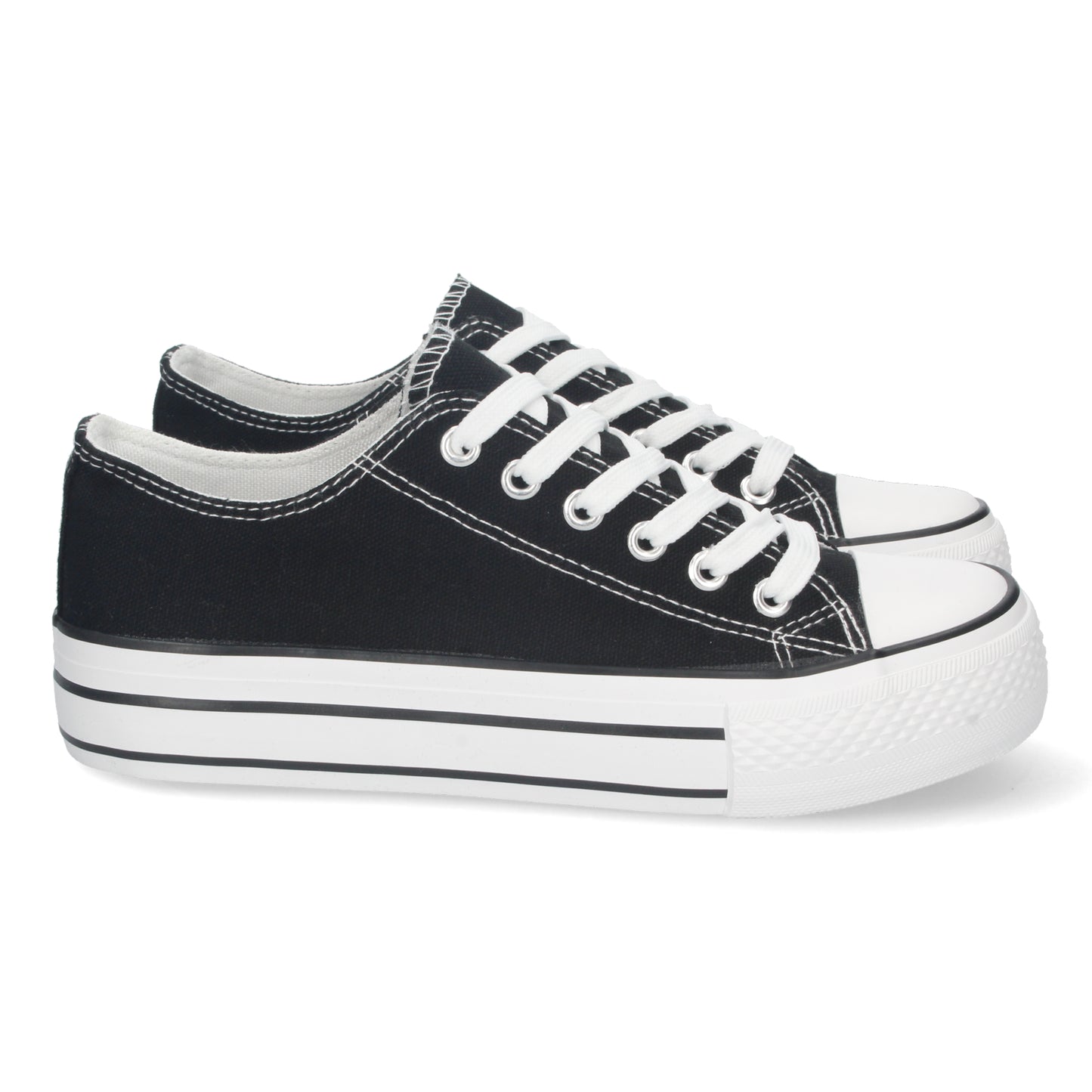 Zapatilla estilo Tenis color Negro Plana para Mujer de Doble Suela Cómoda con Material de Lona Estilo Bamba Casual y Cierre de Cordones