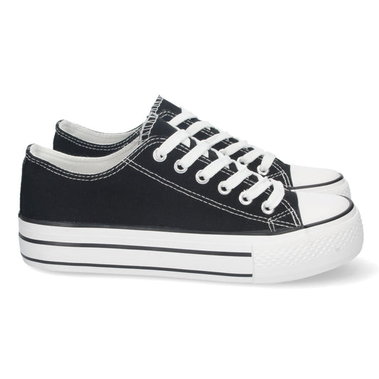 Zapatilla estilo Tenis color Negro Plana para Mujer de Doble Suela Cómoda con Material de Lona Estilo Bamba Casual y Cierre de Cordones