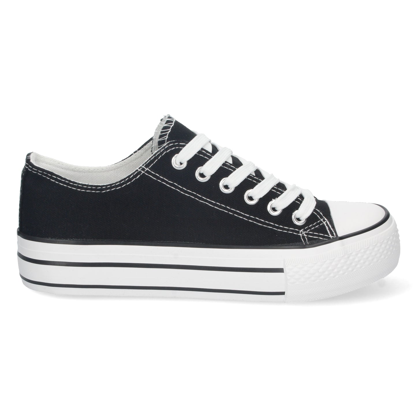 Zapatilla estilo Tenis color Negro Plana para Mujer de Doble Suela Cómoda con Material de Lona Estilo Bamba Casual y Cierre de Cordones