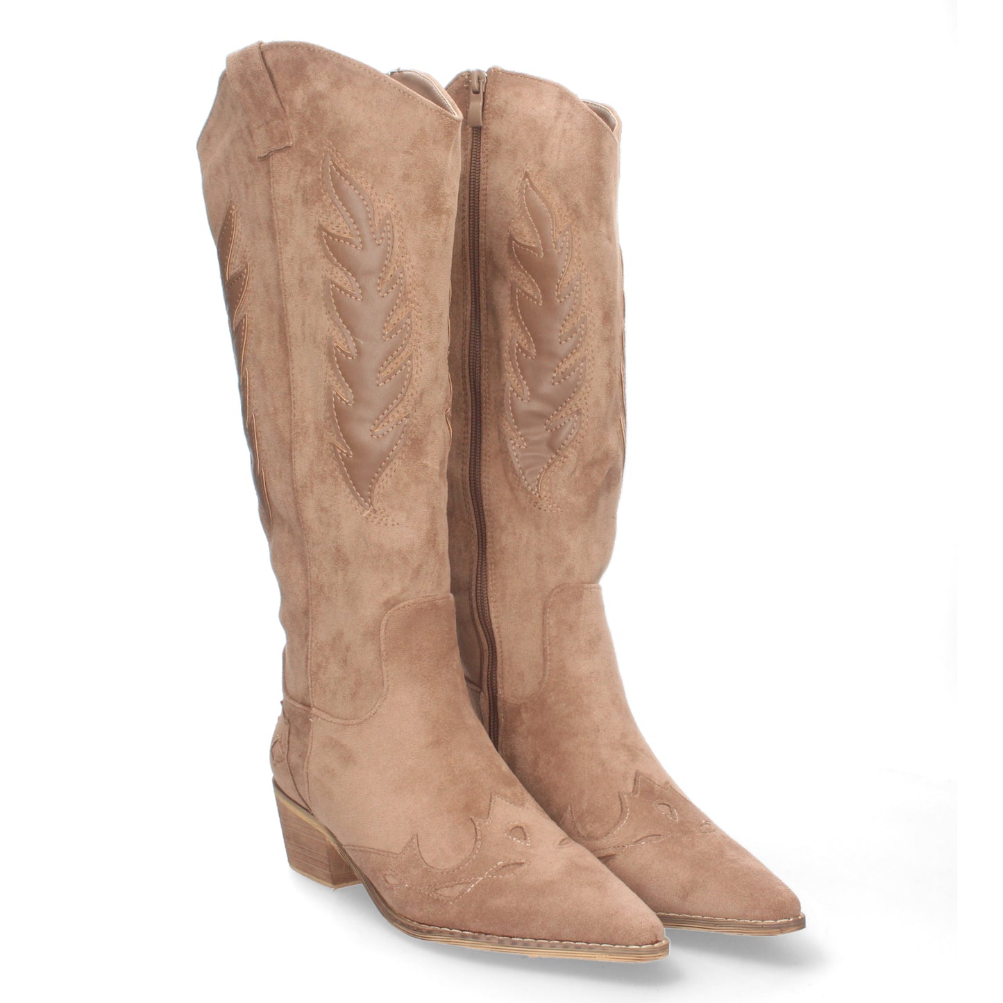 Bota de tacón para mujer cómodas de material aterciopelado con estampado en la caña y en la pala y cierre de cremallera