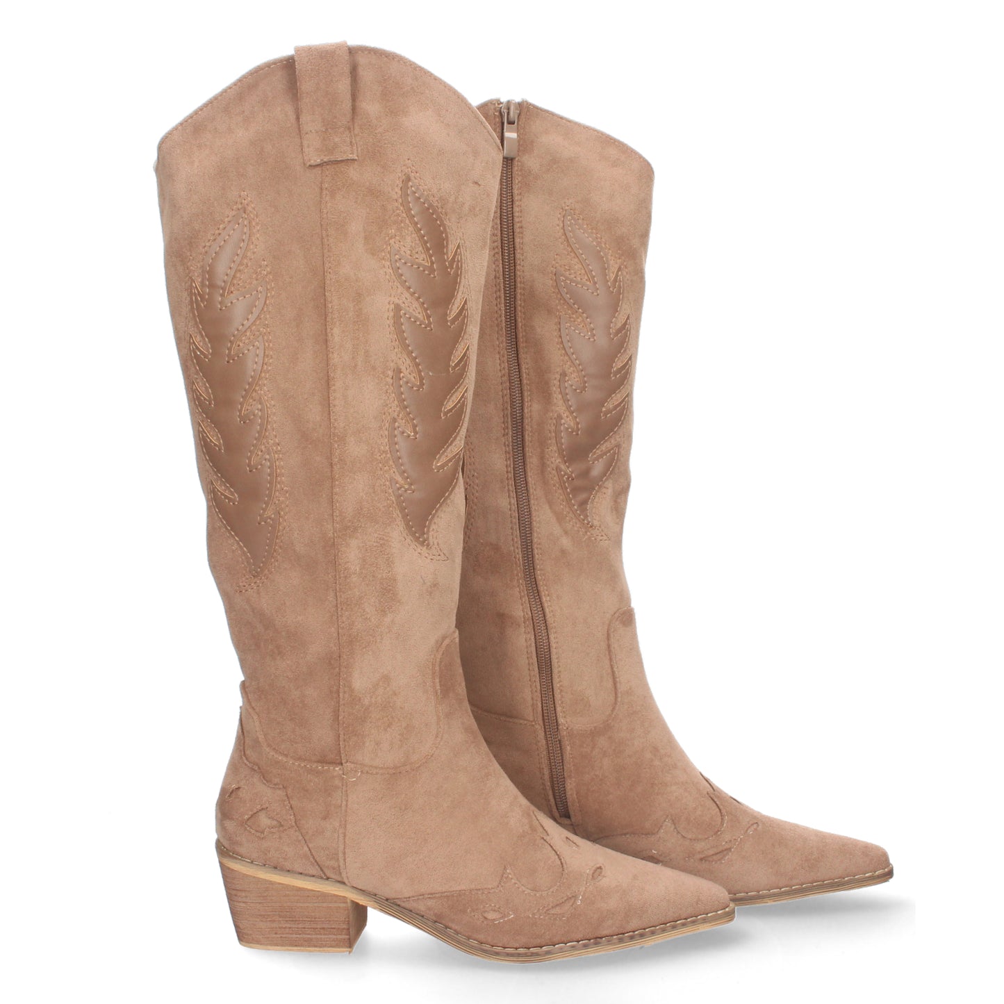 Bota de tacón para mujer cómodas de material aterciopelado con estampado en la caña y en la pala y cierre de cremallera