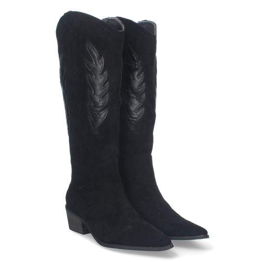 Bota de tacón para mujer cómodas de material aterciopelado con estampado en la caña y en la pala y cierre de cremallera