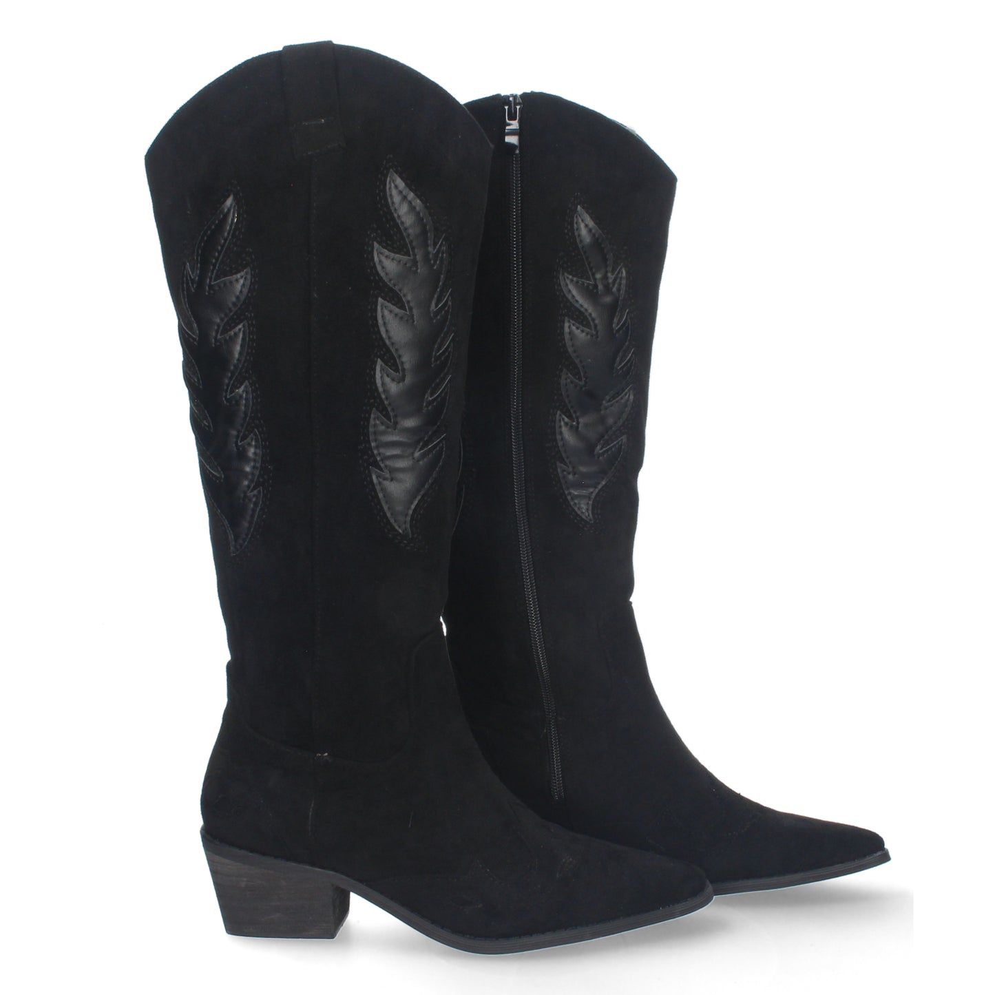 Bota de tacón para mujer cómodas de material aterciopelado con estampado en la caña y en la pala y cierre de cremallera