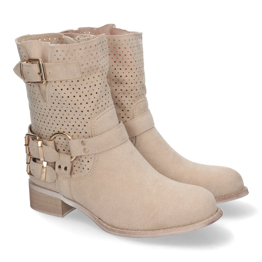 Botines de Mujer con Tacón Bajo y Adornos de Hebillas Estilo Casual Caña Calada Cremallera Lateral Punta Redonda Perfectos para Toda Ocasión
