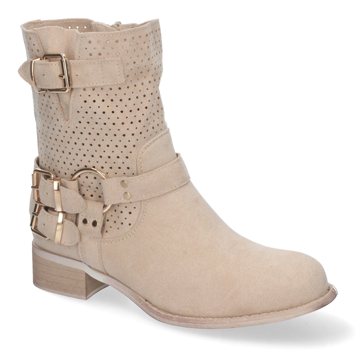 Botines de Mujer con Tacón Bajo y Adornos de Hebillas Estilo Casual Caña Calada Cremallera Lateral Punta Redonda Perfectos para Toda Ocasión
