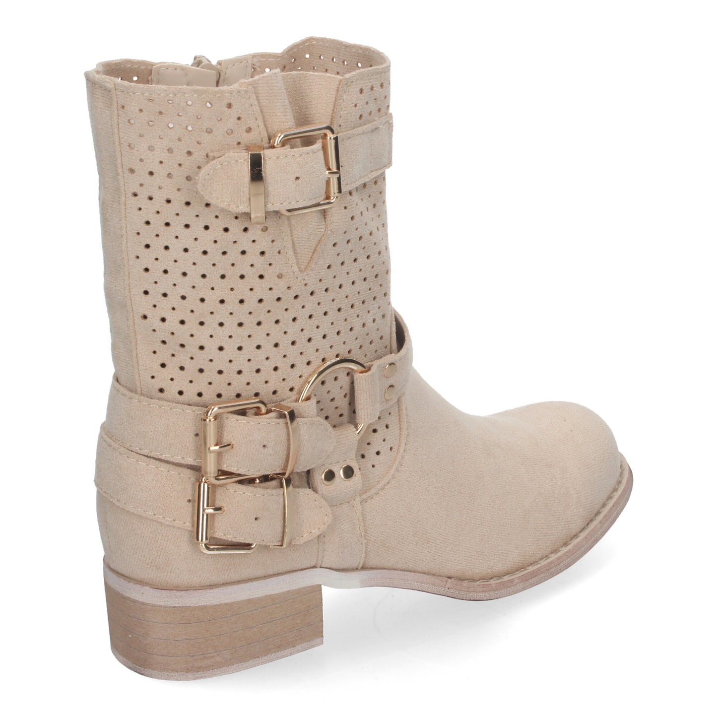 Botines de Mujer con Tacón Bajo y Adornos de Hebillas Estilo Casual Caña Calada Cremallera Lateral Punta Redonda Perfectos para Toda Ocasión