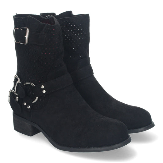 Botines de Mujer con Tacón Bajo y Adornos de Hebillas Estilo Casual Caña Calada Cremallera Lateral Punta Redonda Perfectos para Toda Ocasión