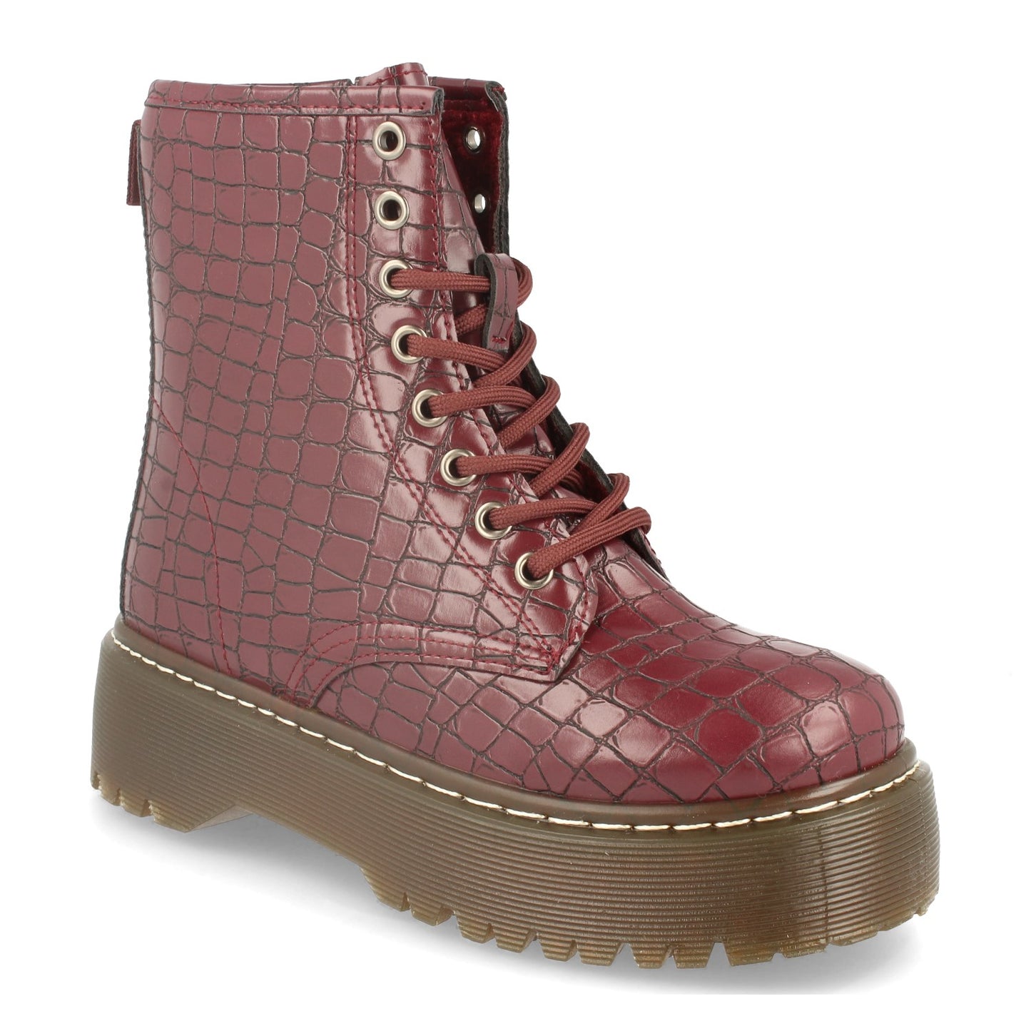 Botín de Mujer con Plataforma Grabado Efecto Cocodrilo Cierre de Cremallera y Cordones Otoño Invierno