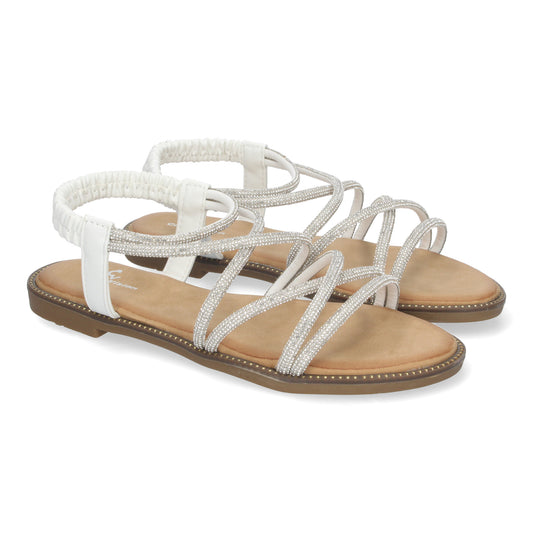 Sandalias Planas de Verano para Mujer Elegantes y Cómodas con Tiras Entrecruzadas y Adornos Brillantes.