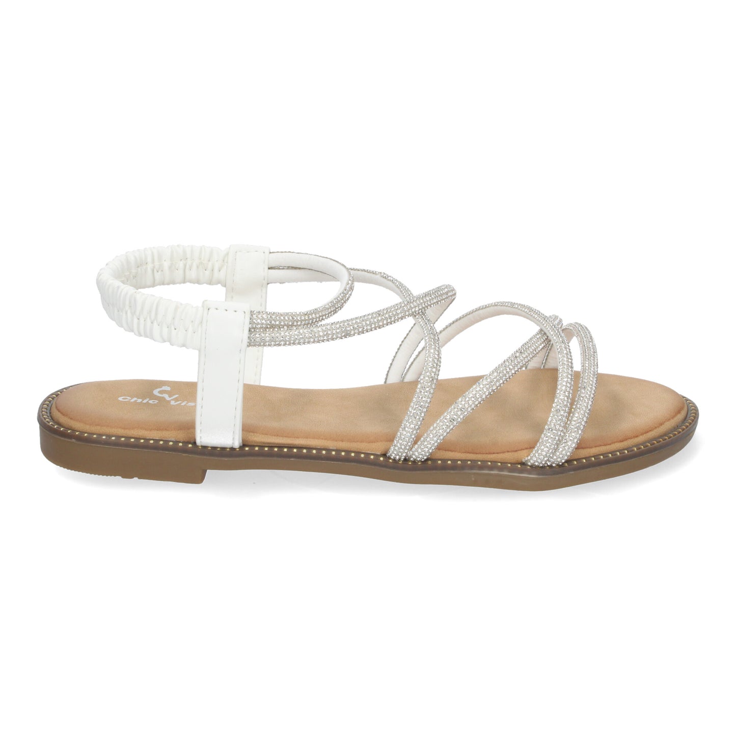 Sandalias Planas de Verano para Mujer Elegantes y Cómodas con Tiras Entrecruzadas y Adornos Brillantes.
